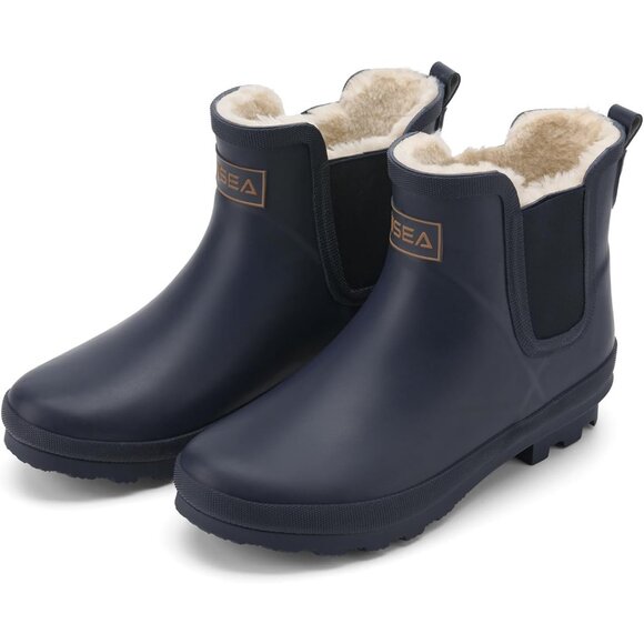 ⚡Women's Navy Blue Pull On Plush Rain Ankle Snow Boot Waterproof Chelsea Rubber - Picture 2 of 6